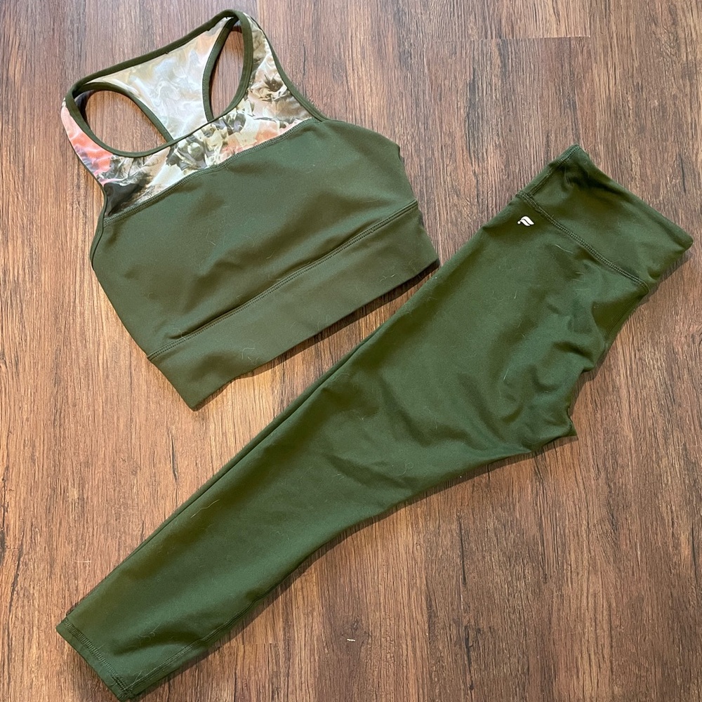 Fabletics Olive Green Floral-Trim Crop Sports Bra